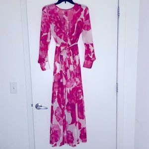 Pink and white long floral dress with tie